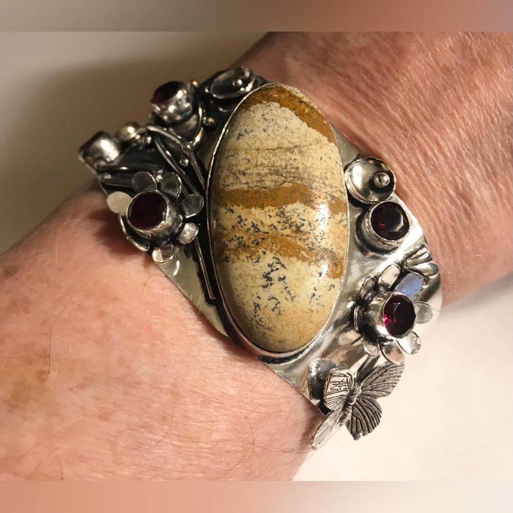 Picture Jasper Amethyst Stamped 925 Sterling Silver Cuff Bracelet